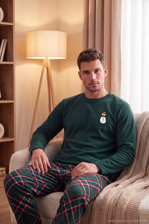 Buratti Nakışlı Ekoseli Yumuşak Dokulu Uzun Kollu Polar Pijama Takımı Erkek PİJAMA TAKIMI 6097059E NEFTİ