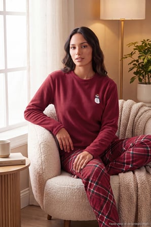 Lela Ekose Desenli Bisiklet Yaka Yumuşak Polar Pijama Takımı Kadın PİJAMA TAKIMI 6097059K BORDO