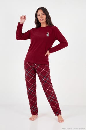 Lela Ekose Desenli Bisiklet Yaka Yumuşak Polar Pijama Takımı Kadın PİJAMA TAKIMI 6097059K BORDO