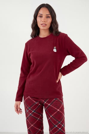 Lela Ekose Desenli Bisiklet Yaka Yumuşak Polar Pijama Takımı Kadın PİJAMA TAKIMI 6097059K BORDO