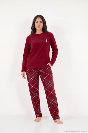 Lela Ekose Desenli Bisiklet Yaka Yumuşak Polar Pijama Takımı Kadın PİJAMA TAKIMI 6097059K BORDO