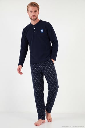 Buratti Nakış Detaylı Yumuşak Dokulu Düğmeli Hakim Yaka Polar Pijama Takımı Erkek PİJAMA TAKIMI 6097061 LACİVERT