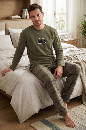 Buratti Ekoseli Bisiklet Yaka Yumuşak Dokulu Polar Pijama Takımı Erkek PİJAMA TAKIMI 6097064 HAKİ