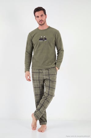 Buratti Ekoseli Bisiklet Yaka Yumuşak Dokulu Polar Pijama Takımı Erkek PİJAMA TAKIMI 6097064 HAKİ