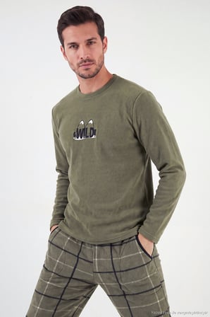 Buratti Ekoseli Bisiklet Yaka Yumuşak Dokulu Polar Pijama Takımı Erkek PİJAMA TAKIMI 6097064 HAKİ
