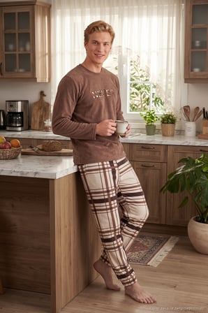 Buratti Çizgili Yumuşak Dokulu Bisiklet Yaka Polar Pijama Takımı Erkek PİJAMA TAKIMI 6097066 CAMEL