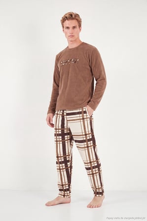 Buratti Çizgili Yumuşak Dokulu Bisiklet Yaka Polar Pijama Takımı Erkek PİJAMA TAKIMI 6097066 CAMEL