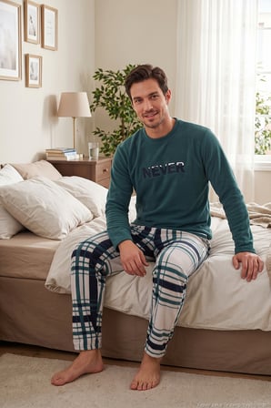 Buratti Çizgili Yumuşak Dokulu Bisiklet Yaka Polar Pijama Takımı Erkek PİJAMA TAKIMI 6097066 NEFTİ