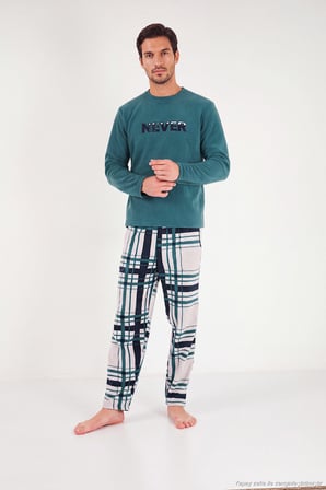 Buratti Çizgili Yumuşak Dokulu Bisiklet Yaka Polar Pijama Takımı Erkek PİJAMA TAKIMI 6097066 NEFTİ