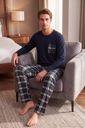 Buratti Ekoseli Cepli Beli Lastikli % 100 Pamuk Regular Fit Pijama Takımı Erkek PİJAMA TAKIMI 6572001 KOYU LACİVERT