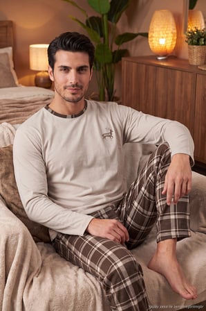 Buratti Pamuklu Regular Fit Bisiklet Yaka Ekoseli Pijama Takımı Erkek PİJAMA TAKIMI 6574001 BEJ