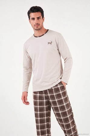 Buratti Pamuklu Regular Fit Bisiklet Yaka Ekoseli Pijama Takımı Erkek PİJAMA TAKIMI 6574001 BEJ