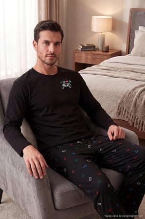 Buratti Baskılı Pamuklu Bisiklet Yaka Uzun Kollu Pijama Takımı Erkek PİJAMA TAKIMI 6575001 SİYAH