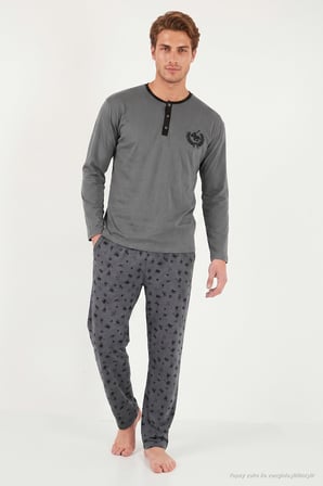 Buratti Desenli Pamuklu Düğmeli Bisiklet Yaka Pijama Takımı Erkek PİJAMA TAKIMI 6575002 FÜME