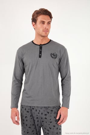 Buratti Desenli Pamuklu Düğmeli Bisiklet Yaka Pijama Takımı Erkek PİJAMA TAKIMI 6575002 FÜME