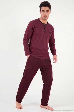 Buratti Desenli Pamuklu Düğmeli Bisiklet Yaka Pijama Takımı Erkek PİJAMA TAKIMI 6575002 BORDO