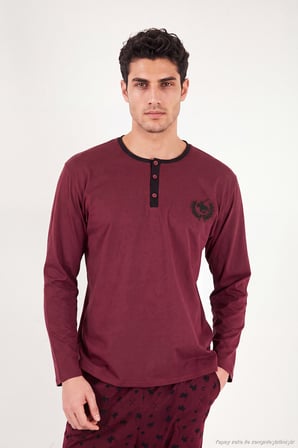 Buratti Desenli Pamuklu Düğmeli Bisiklet Yaka Pijama Takımı Erkek PİJAMA TAKIMI 6575002 BORDO