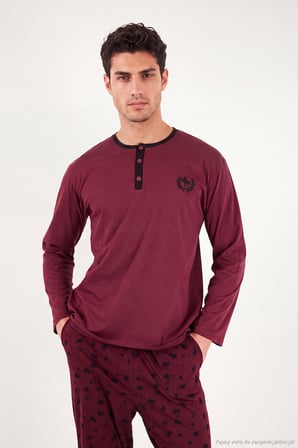 Buratti Desenli Pamuklu Düğmeli Bisiklet Yaka Pijama Takımı Erkek PİJAMA TAKIMI 6575002 BORDO