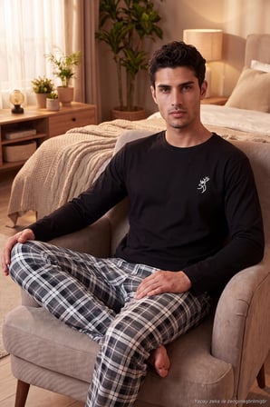 Buratti Ekoseli Pamuklu Bisiklet Yaka Uzun Kollu Pijama Takımı Erkek PİJAMA TAKIMI 6575003 SİYAH