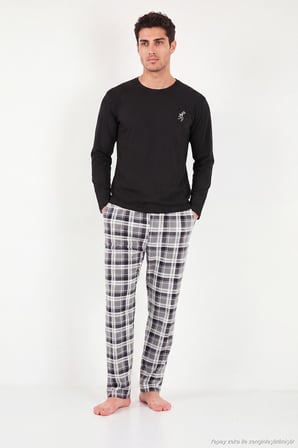 Buratti Ekoseli Pamuklu Bisiklet Yaka Uzun Kollu Pijama Takımı Erkek PİJAMA TAKIMI 6575003 SİYAH