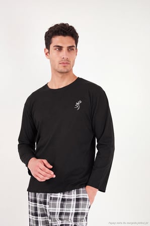 Buratti Ekoseli Pamuklu Bisiklet Yaka Uzun Kollu Pijama Takımı Erkek PİJAMA TAKIMI 6575003 SİYAH