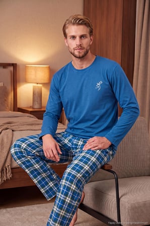 Buratti Ekoseli Pamuklu Bisiklet Yaka Uzun Kollu Pijama Takımı Erkek PİJAMA TAKIMI 6575003 İNDİGO