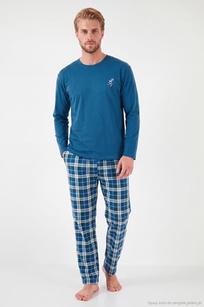 Buratti Ekoseli Pamuklu Bisiklet Yaka Uzun Kollu Pijama Takımı Erkek PİJAMA TAKIMI 6575003 İNDİGO