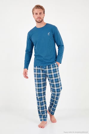 Buratti Ekoseli Pamuklu Bisiklet Yaka Uzun Kollu Pijama Takımı Erkek PİJAMA TAKIMI 6575003 İNDİGO