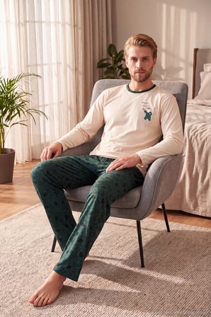 Buratti Baskılı Pamuklu Bisiklet Yaka Uzun Kollu Pijama Takımı Erkek PİJAMA TAKIMI 6575004 YEŞİL