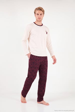 Buratti Baskılı Pamuklu Bisiklet Yaka Uzun Kollu Pijama Takımı Erkek PİJAMA TAKIMI 6575004 BORDO