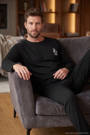 Buratti Minimal Baskılı Pamuklu Uzun Kollu Pijama Takımı Erkek PİJAMA TAKIMI 6575005 SİYAH