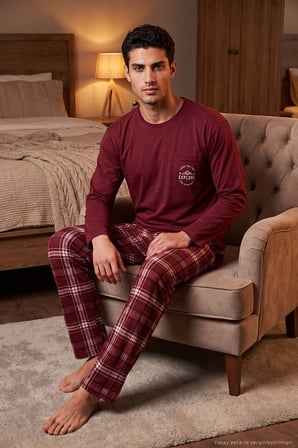 Buratti Ekoseli Pamuklu Bisiklet Yaka Pijama Takımı Erkek PİJAMA TAKIMI 6575007 BORDO