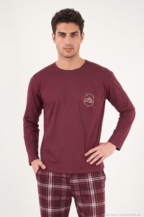 Buratti Ekoseli Pamuklu Bisiklet Yaka Pijama Takımı Erkek PİJAMA TAKIMI 6575007 BORDO