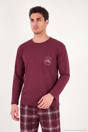 Buratti Ekoseli Pamuklu Bisiklet Yaka Pijama Takımı Erkek PİJAMA TAKIMI 6575007 BORDO