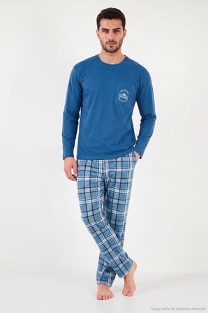 Buratti Ekoseli Pamuklu Bisiklet Yaka Pijama Takımı Erkek PİJAMA TAKIMI 6575007 MAVİ