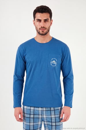 Buratti Ekoseli Pamuklu Bisiklet Yaka Pijama Takımı Erkek PİJAMA TAKIMI 6575007 MAVİ