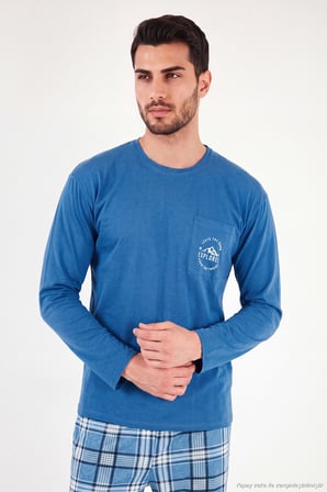 Buratti Ekoseli Pamuklu Bisiklet Yaka Pijama Takımı Erkek PİJAMA TAKIMI 6575007 MAVİ