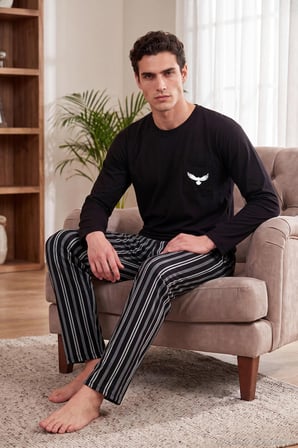 Buratti Çizgili Pamuklu Göğüs Cepli Pijama Takımı Erkek PİJAMA TAKIMI 6575008 SİYAH