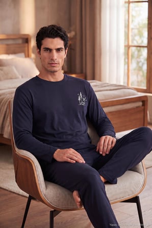 Buratti Ultra Soft Minimal Nakışlı Uzun Kollu Pijama Takımı Erkek PİJAMA TAKIMI 6575009
