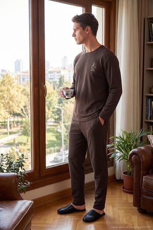 Buratti Ultra Soft Minimal Nakışlı Uzun Kollu Pijama Takımı Erkek PİJAMA TAKIMI 6575009 KAHVE