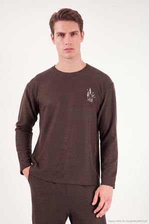 Buratti Ultra Soft Minimal Nakışlı Uzun Kollu Pijama Takımı Erkek PİJAMA TAKIMI 6575009 KAHVE