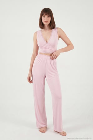 Lela Yumuşak Dokulu Sırtı Bağlamalı Dantelli Crop Pijama Takımı Bayan PİJAMA TAKIMI 6575015 PEMBE