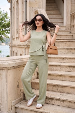 Lela Regular Fit Bağlama Detaylı Bisiklet Yaka Takım Bayan TAKIM 5866466 Olive