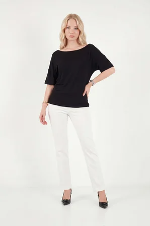 Lela Standart Fit Drape Detaylı Yarasa Kol T Shirt Bayan T SHİRT 5866962 SİYAH