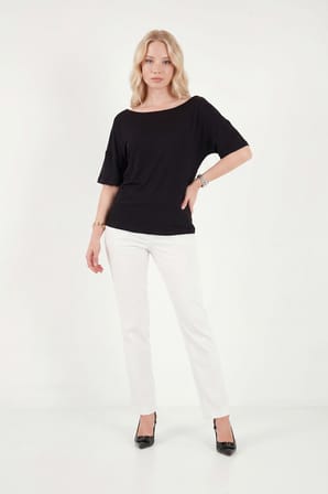 Lela Standart Fit Drape Detaylı Yarasa Kol T Shirt Bayan T SHİRT 5866962 SİYAH