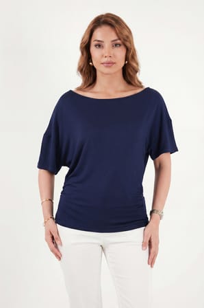 Lela Standart Fit Drape Detaylı Yarasa Kol T Shirt Bayan T SHİRT 5866962 LACİVERT