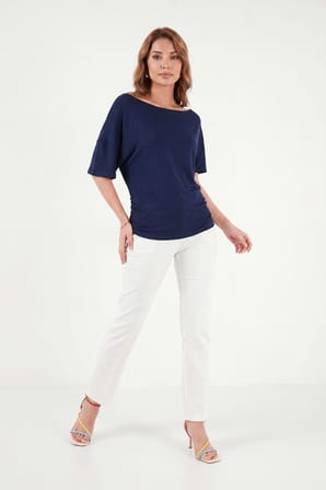 Lela Standart Fit Drape Detaylı Yarasa Kol T Shirt Bayan T SHİRT 5866962 LACİVERT