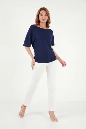 Lela Standart Fit Drape Detaylı Yarasa Kol T Shirt Bayan T SHİRT 5866962 LACİVERT