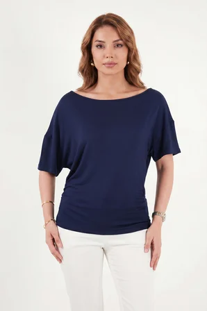 Lela Standart Fit Drape Detaylı Yarasa Kol T Shirt Bayan T SHİRT 5866962 LACİVERT