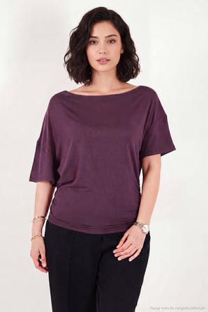 Lela Standart Fit Drape Detaylı Yarasa Kol T Shirt Bayan T SHİRT 5866962 MÜRDÜM